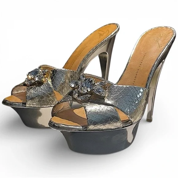 Giuseppe Zanotti Crystal Metallic Slide Heels Size 6.5